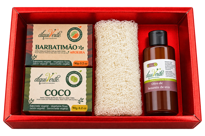 Kit Natal Semente de Uva – Sabonetes de Barbatimão com Aroeira e Coco, Óleo Vegetal e Bucha Vegetal