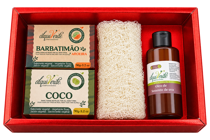 Kit Natal Semente de Uva – Sabonetes de Barbatimão com Aroeira e Coco, Óleo Vegetal e Bucha Vegetal