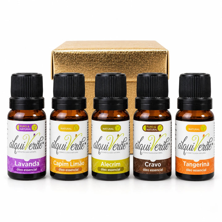 Kit 5 Óleos Essenciais AlquiVerde: Lavanda, Capim Limão, Alecrim, Cravo e Tangerina diante de caixa dourada