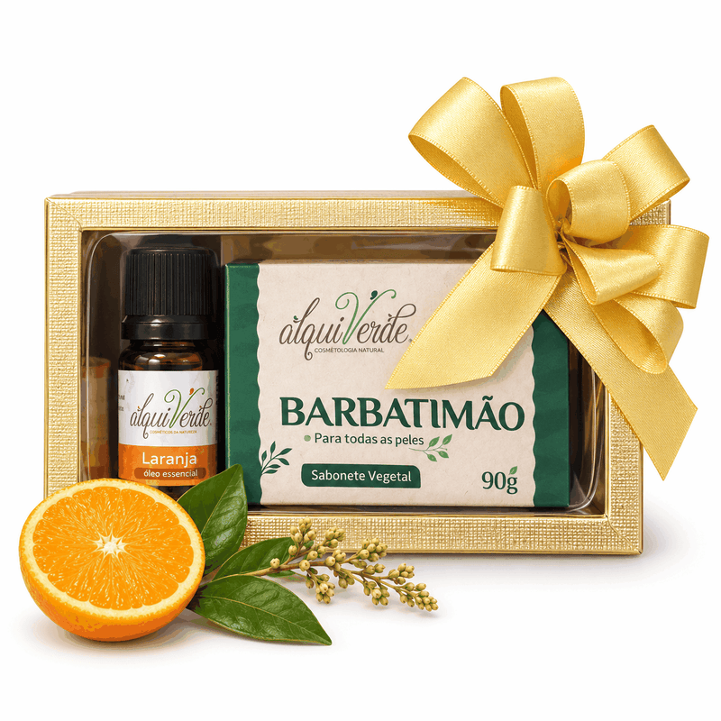 Kit Natal AlquiVerde com óleo essencial de Laranja e sabonete vegetal 90 g em caixa dourada com laço