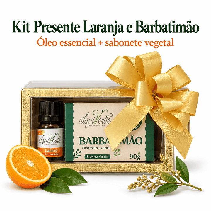 Kit Presente Laranja e Barbatimão: óleo essencial e sabonete vegetal em caixa dourada