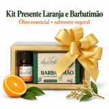 Kit Presente Laranja e Barbatimão: óleo essencial e sabonete vegetal em caixa dourada