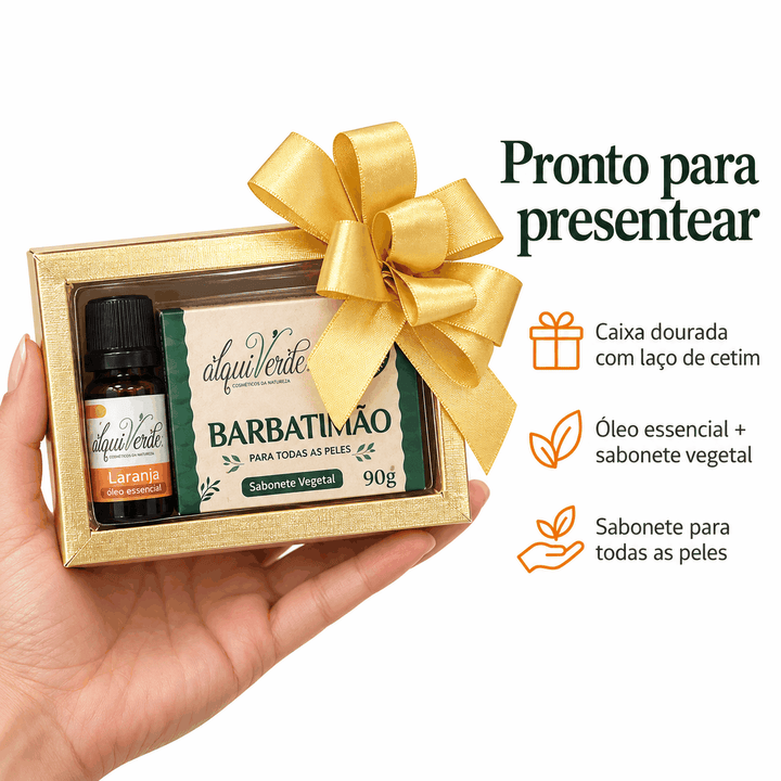 Kit com óleo essencial de Laranja e sabonete vegetal pronto para presentear, na palma da mão