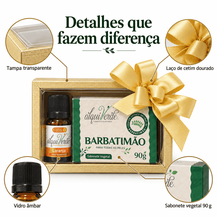 Detalhes da caixa dourada com tampa transparente, laço de cetim, frasco de vidro âmbar e sabonete de 90 g