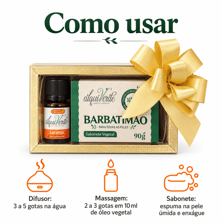 Como usar o kit: óleo no difusor, massagem diluída e sabonete na pele úmida