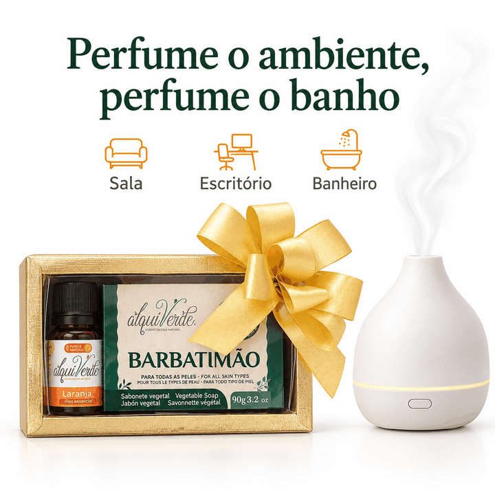 Kit de óleo essencial de Laranja e sabonete ao lado de um difusor de ambiente