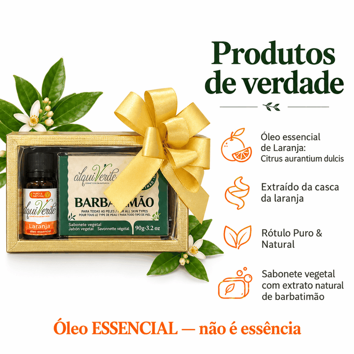 Os produtos do kit: óleo essencial de Laranja e sabonete vegetal