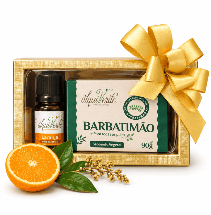 Kit com óleo essencial de Laranja e sabonete vegetal de Barbatimão