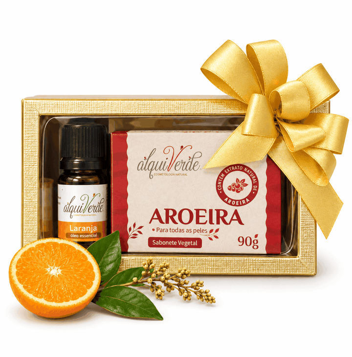 Kit com óleo essencial de Laranja e sabonete vegetal de Aroeira