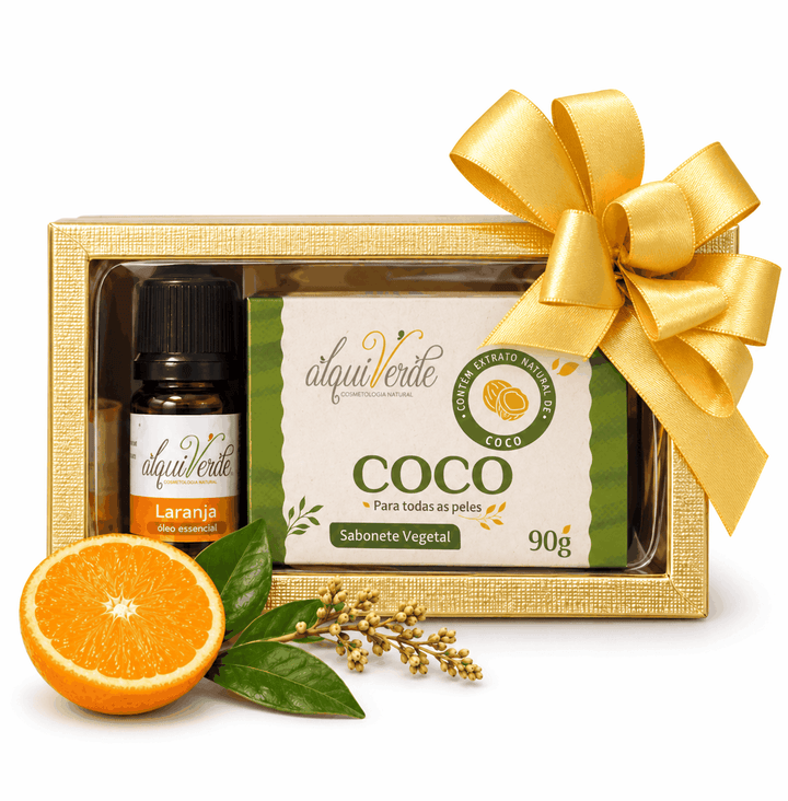 Kit com óleo essencial de Laranja e sabonete vegetal de Coco
