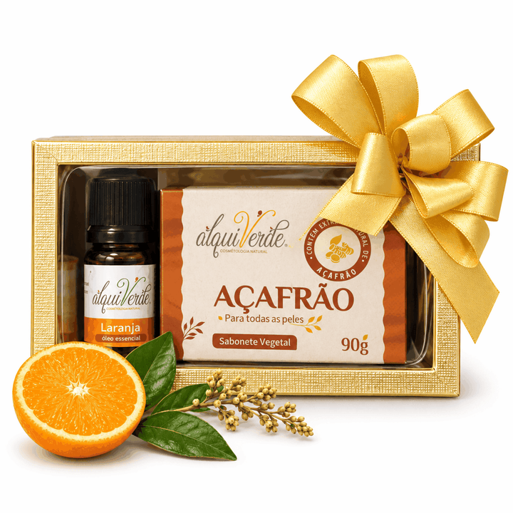 Kit com óleo essencial de Laranja e sabonete vegetal de Açafrão