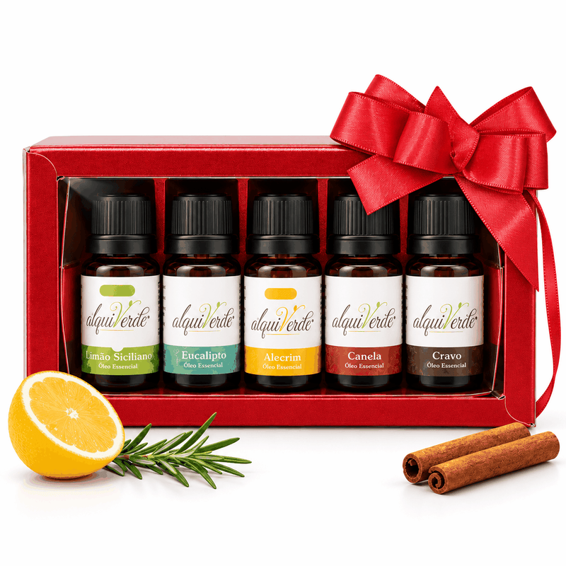 Kit Natal AlquiVerde com 5 óleos essenciais de 10 mL (Limão Siciliano, Eucalipto, Alecrim, Canela e Cravo) em caixa vermelha com laço