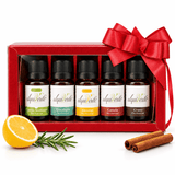 Kit Natal AlquiVerde com 5 óleos essenciais de 10 mL (Limão Siciliano, Eucalipto, Alecrim, Canela e Cravo) em caixa vermelha com laço