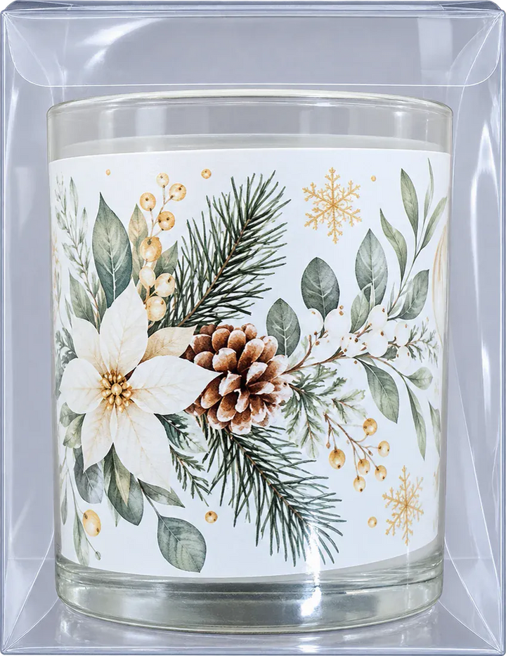 Vela aromática Gingerbread Alquiverde em copo de vidro com rótulo natalino branco e dourado, dentro de caixa transparente