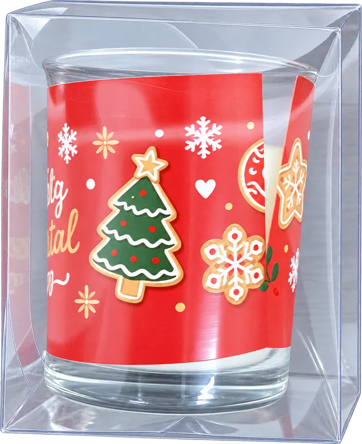Vela aromática de panetone Alquiverde vista de lado, na caixa transparente