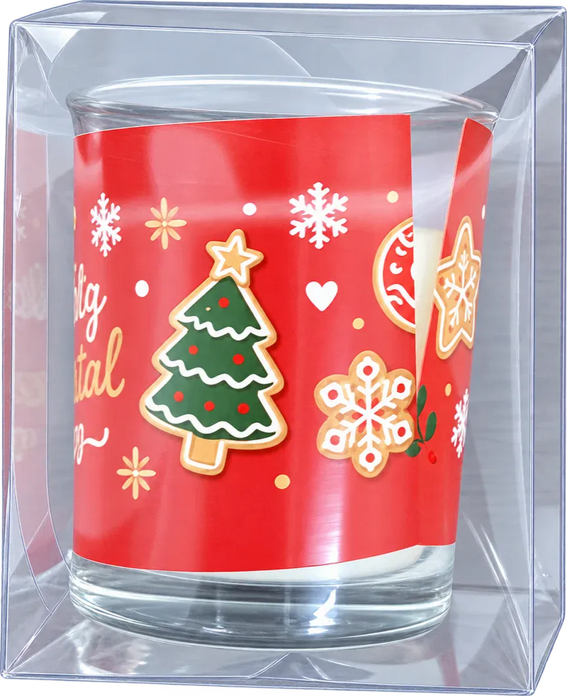 Vela aromática de panetone Alquiverde vista de lado, na caixa transparente